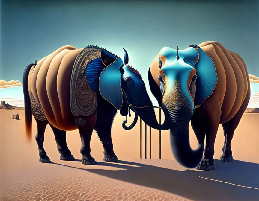 Stylized elephants with surreal patterns in desert landscape