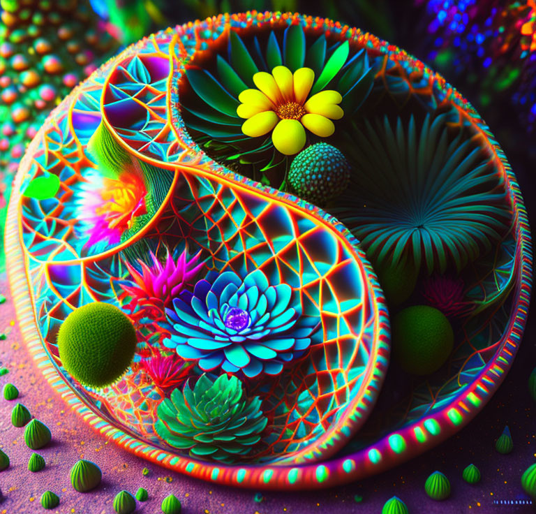 Colorful Fractal Art: 3D Flowers and Spheres in Intricate Patterns