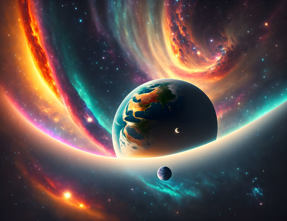 Colorful Cosmic Scene: Earth and Moon in Galaxy Background