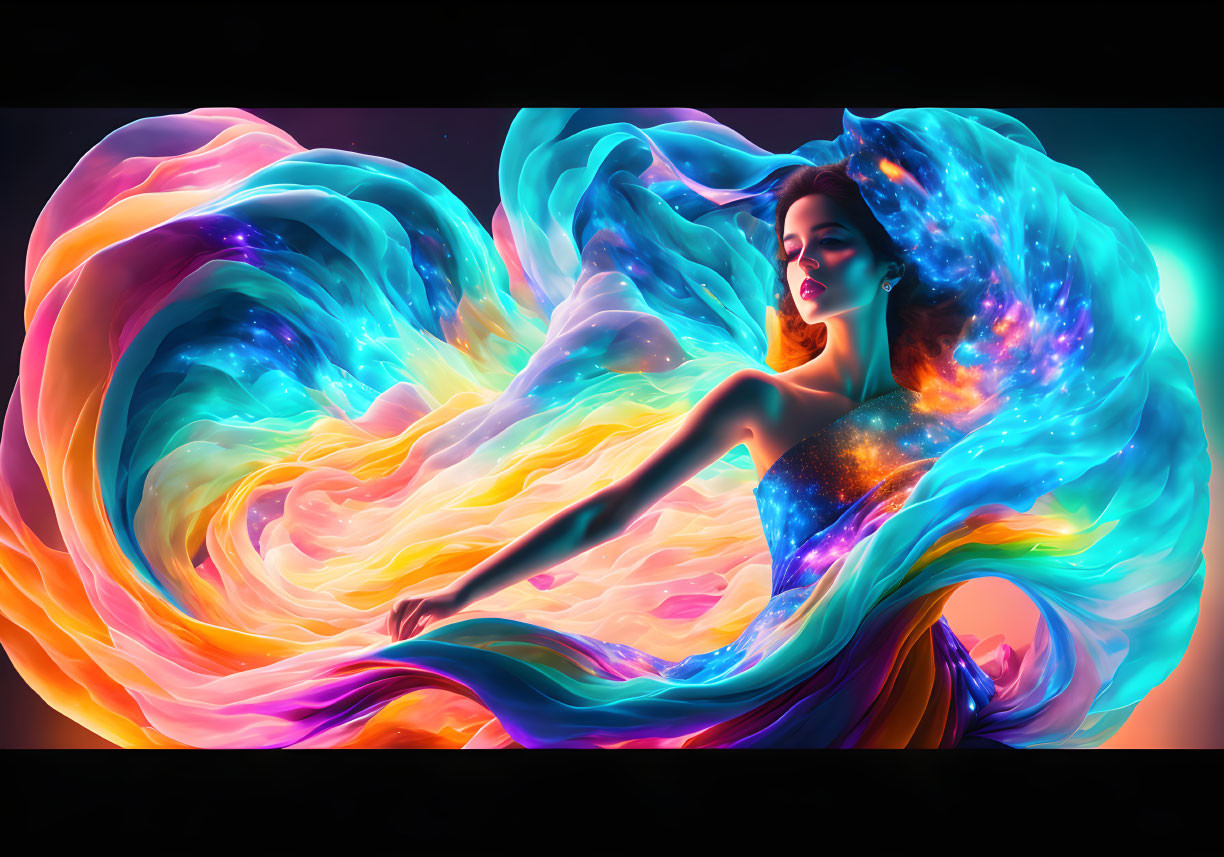 Vibrant digital artwork of a woman with colorful hair and gown