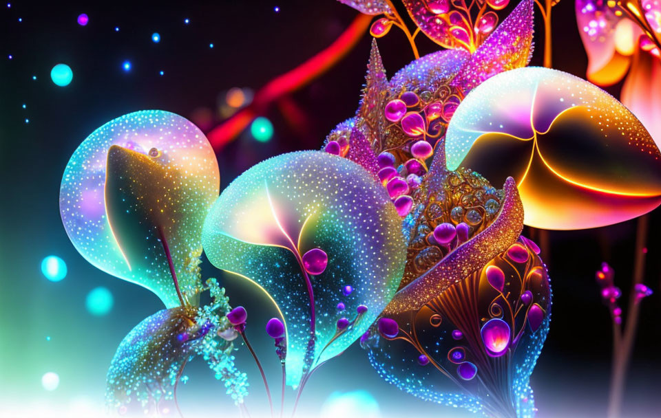 Colorful abstract botanical digital art on dark background.