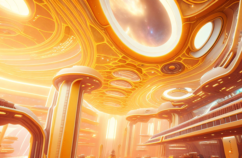 Orange futuristic interior with ornate ceilings and columns, featuring a sci-fi architecture and outer space view.