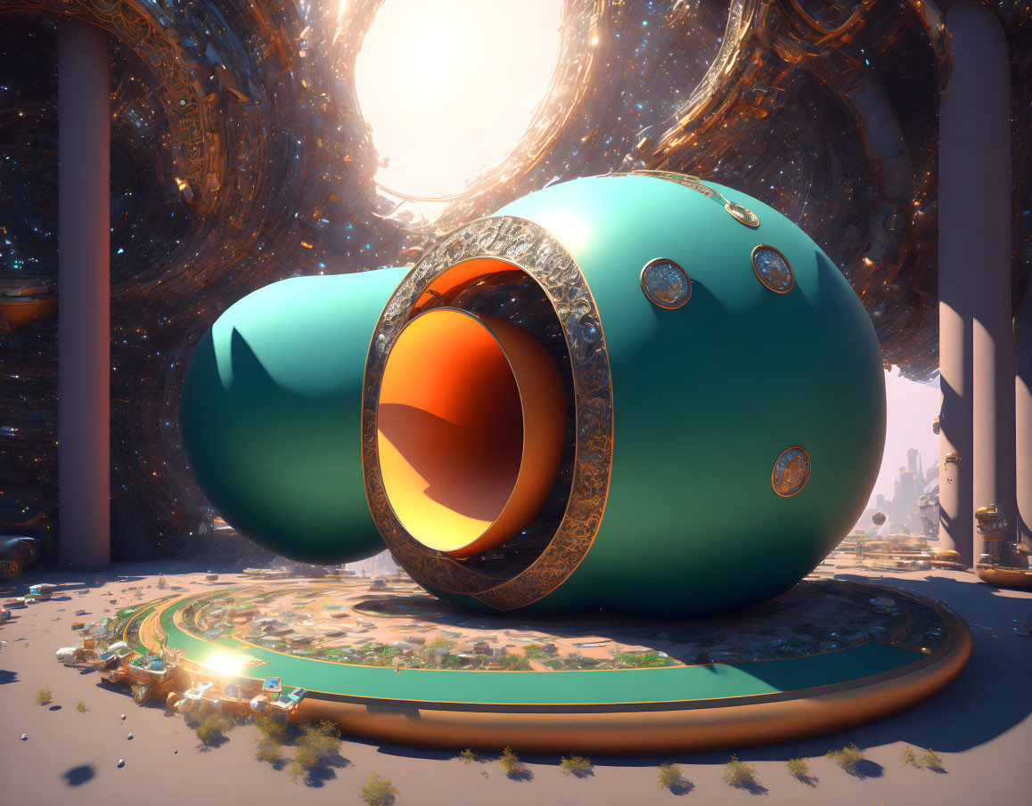 Turquoise and Gold Futuristic Capsule in Surreal Environment