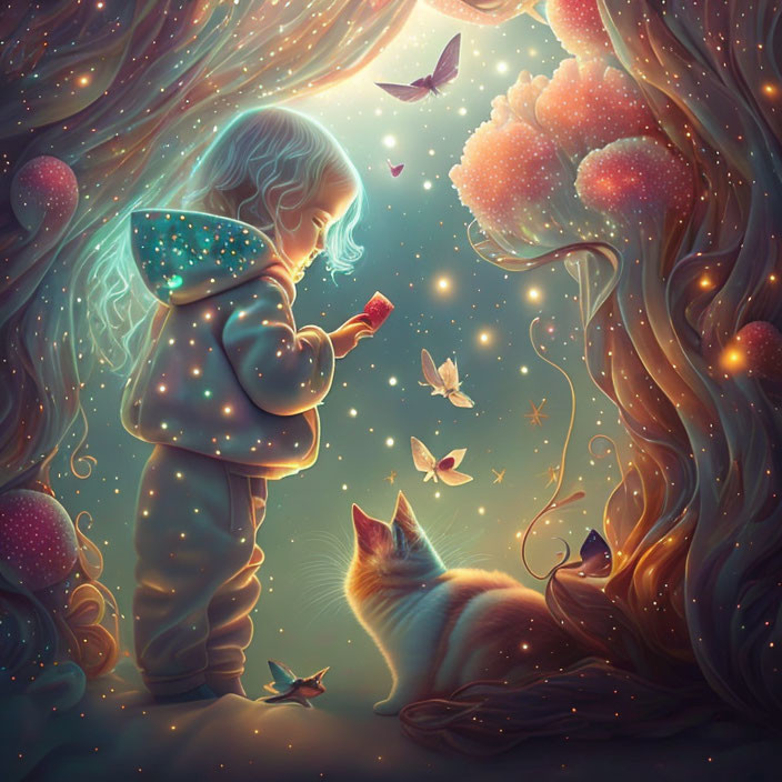 Child and cat observe glowing butterfly in magical forest with luminous trees.