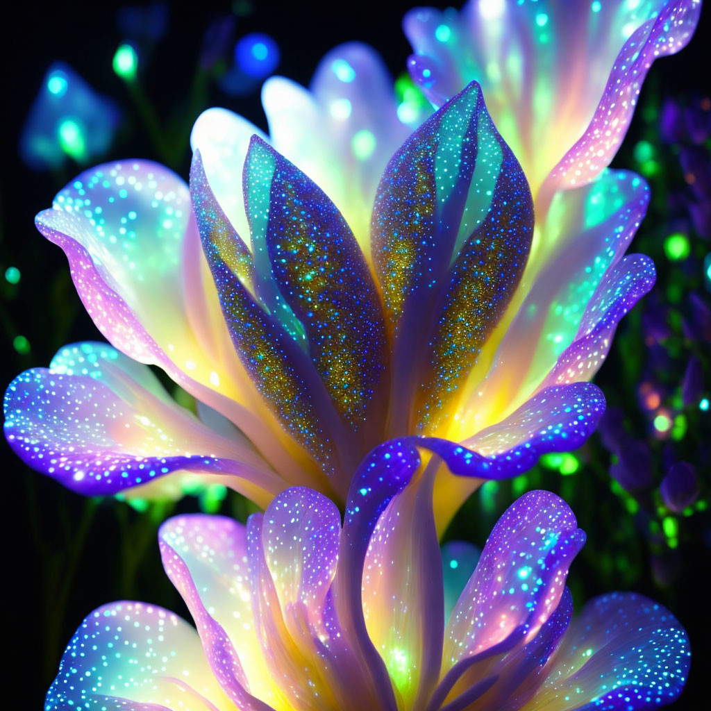 Iridescent neon flower on dark background with bokeh lights