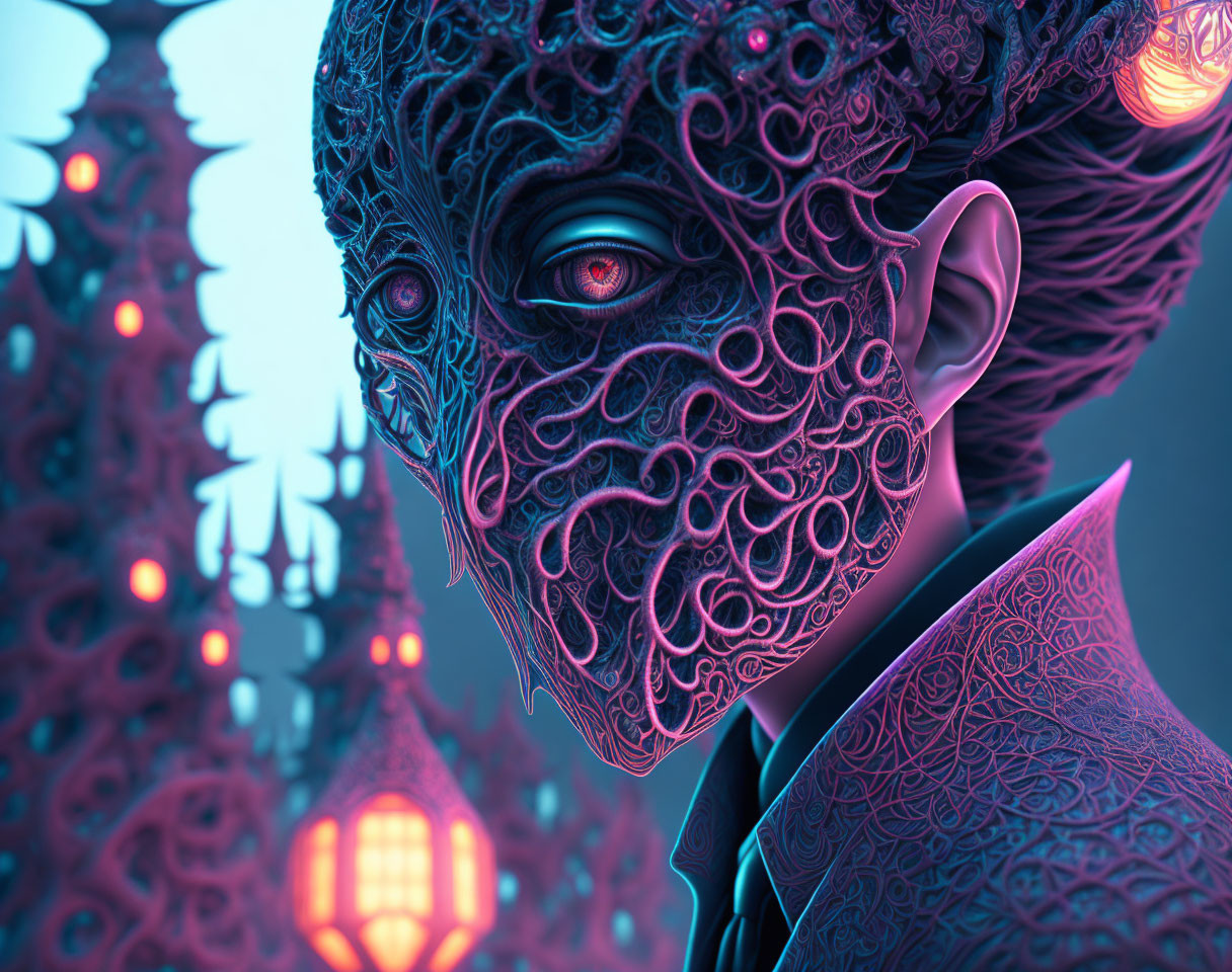 Intricate humanoid figure with patterned skin and glowing red eyes in abstract tower backdrop.