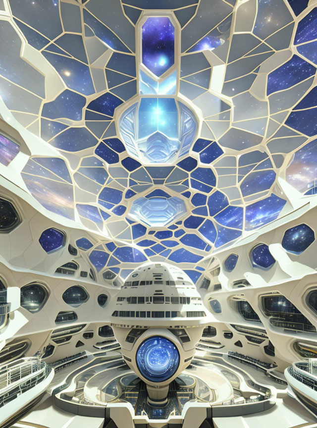 Futuristic spaceship interior with spherical command center and cosmic screens.