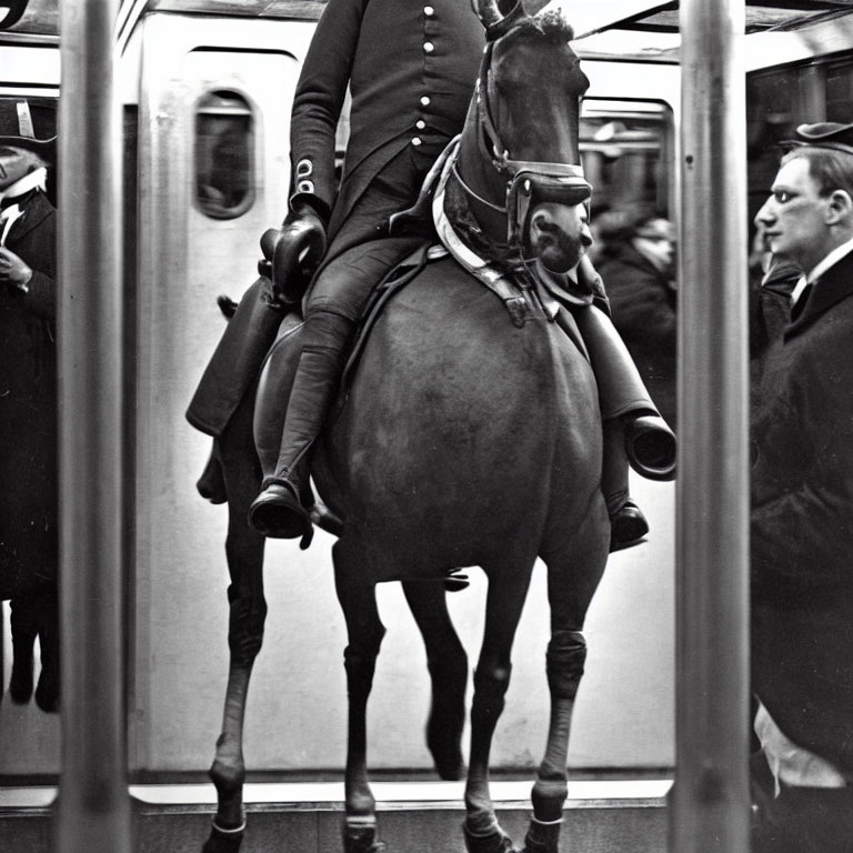 Black and white photo: Person on horseback in subway carriage with onlookers.