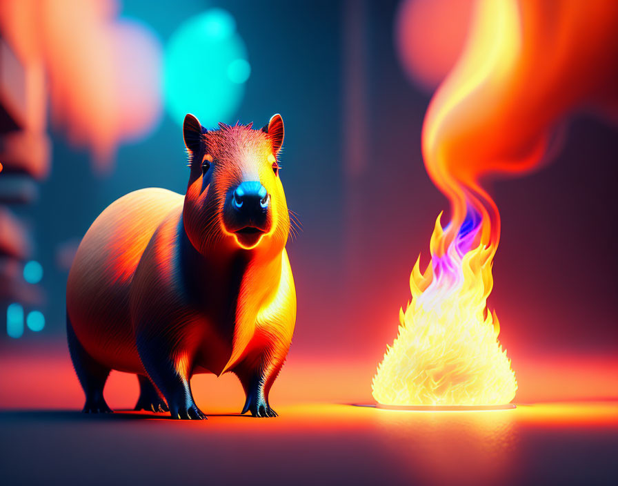 Stylized capybara with glowing fur beside fiery blaze