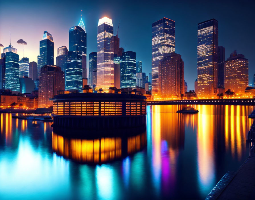 Nighttime cityscape with illuminated skyscrapers and round, lit structure by calm water