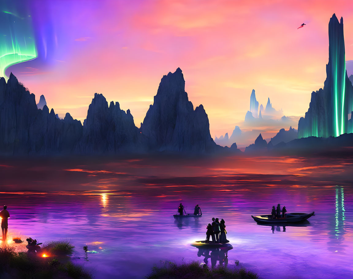 Fantasy landscape with people in boats on purple lake, mountains, and aurora