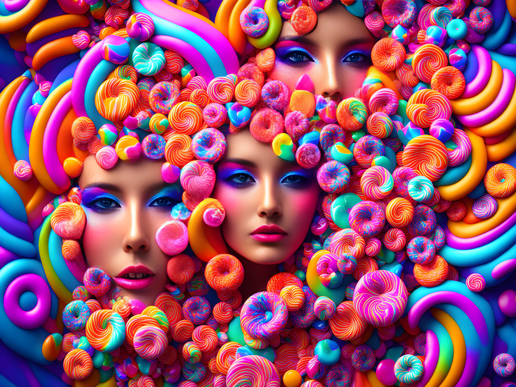 Vibrant surreal art: three faces with swirling candies in blues, pinks, and oranges