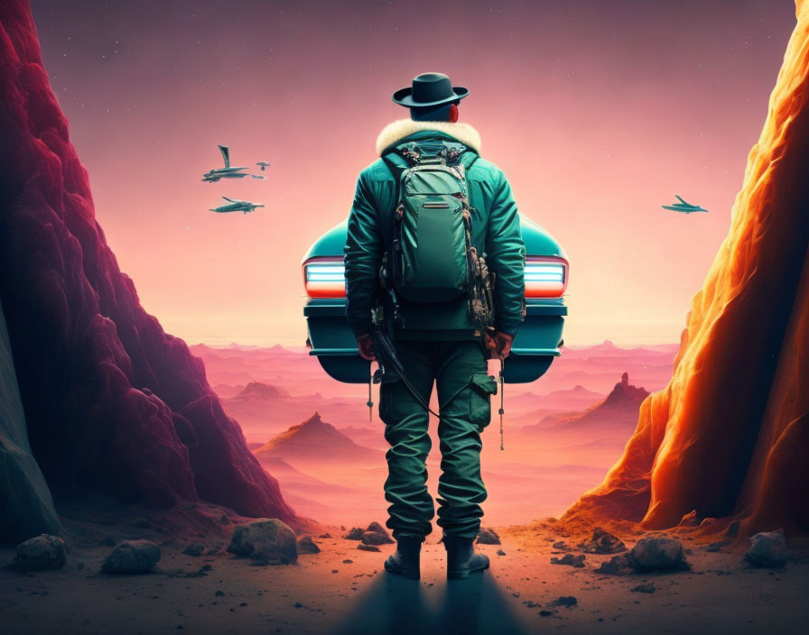 Futuristic explorer in alien landscape with rock formations