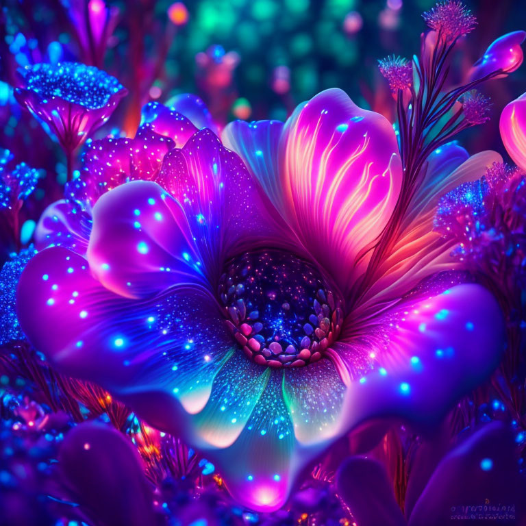 Luminescent purple flower in glowing fantasy digital art