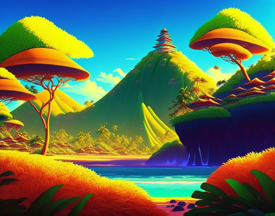 Colorful Landscape with Stylized Trees, Mountain, River & Sunny Sky