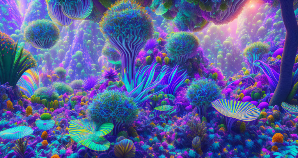 Neon-colored surreal landscape with fantastical flora