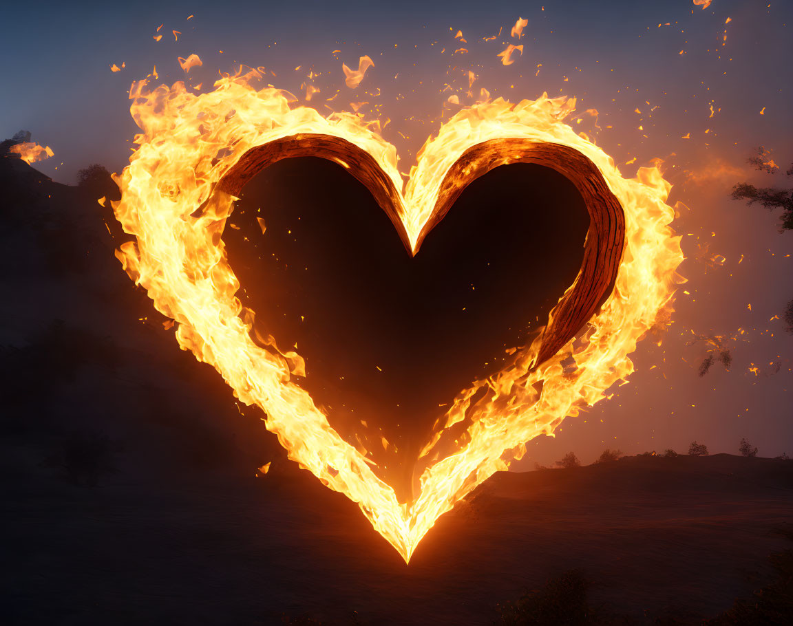 Fiery heart shape engulfed in flames lighting up night landscape