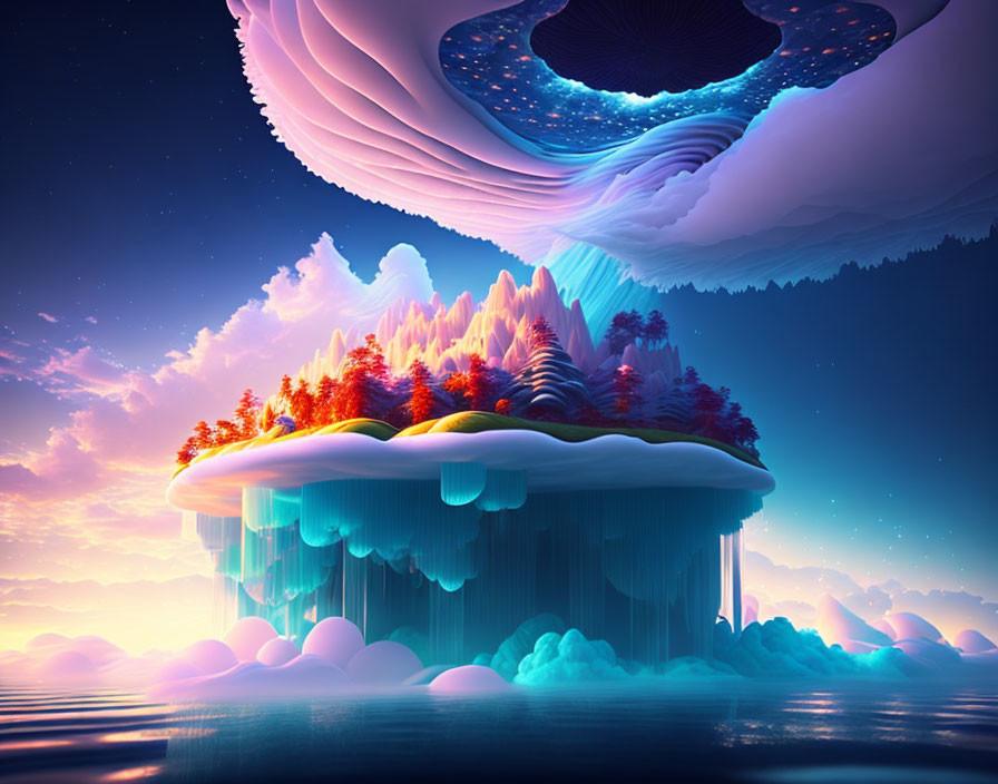 Surreal floating island with waterfall, vibrant trees, and cosmic sky