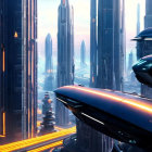 Futuristic cityscape with skyscrapers and flying vehicles in amber sky