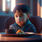 Child sitting at table with burger in warm evening light