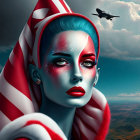 Digital artwork: Woman with red-and-white face paint in fantasy landscape