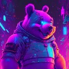 Neon-lit cyberpunk artwork: anthropomorphic bear in futuristic armor.