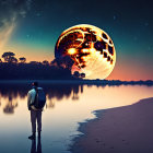 Twilight scene: Person gazes at oversized moon by lakeside