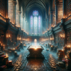 Opulent library with tall bookshelves, stained glass window, central table, and mystical fog