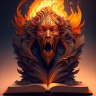 Surreal image: Woman with fire hair and flames, night sky, open book with burning pages