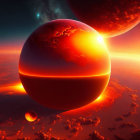 Two Large Celestial Bodies Over Fiery Planet with Star Eclipse