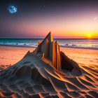 Tranquil twilight beach scene with sandcastle, gentle waves, starry sky.