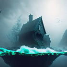 Mystical gothic house on ocean with moon, cloaked figure, and flying creature