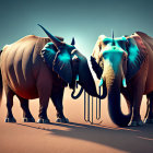 Stylized elephants with surreal patterns in desert landscape