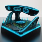 Futuristic building model with sleek curves and blue illumination on a greenery pedestal