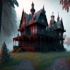 Eerie Victorian mansion in foggy forest at dusk or dawn