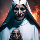 Elderly woman in nun's habit with dramatic makeup holding smoky, flaming object