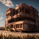 Two-story building with balconies, terracotta walls, and columns at sunset