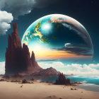 Detailed surreal landscape with rocky spires, desert surface, and massive planet.