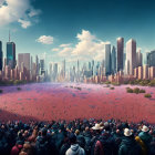 Crowd admires red poppy field with futuristic city skyline in the background