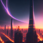 Futuristic cityscape with orange glow, towering skyscrapers, and blue neon arc