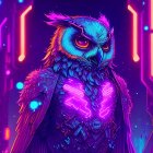 Anthropomorphic Owl in Futuristic Jacket Amid Cyberpunk Cityscape