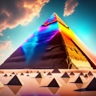 Rainbow Gradient Pyramid Surrounded by Smaller Pyramids in Pink Sky