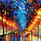 Fantasy digital art: Luminous pathway, golden lamps, colorful trees, fountain, skyscraper