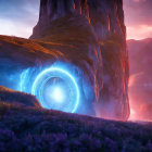 Mystical blue portal in rocky canyon under twilight sky