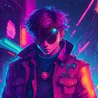 Intense gaze of young boy in futuristic jacket against neon-lit urban backdrop