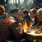 Group of People with Dragon Head at Dimly Lit Table in Tense Conversation