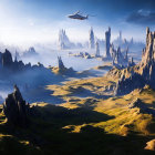 Fantastical landscape with rock formations, valley, futuristic structures, and spaceship.