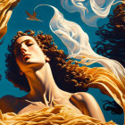 Curly-Haired Woman in Golden Draped Fabric on Blue Background