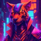 Colorful digital artwork: anthropomorphic tiger in futuristic attire against neon-lit cityscape.