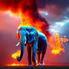 Blue Elephant in Fiery Flames on Stormy Sky